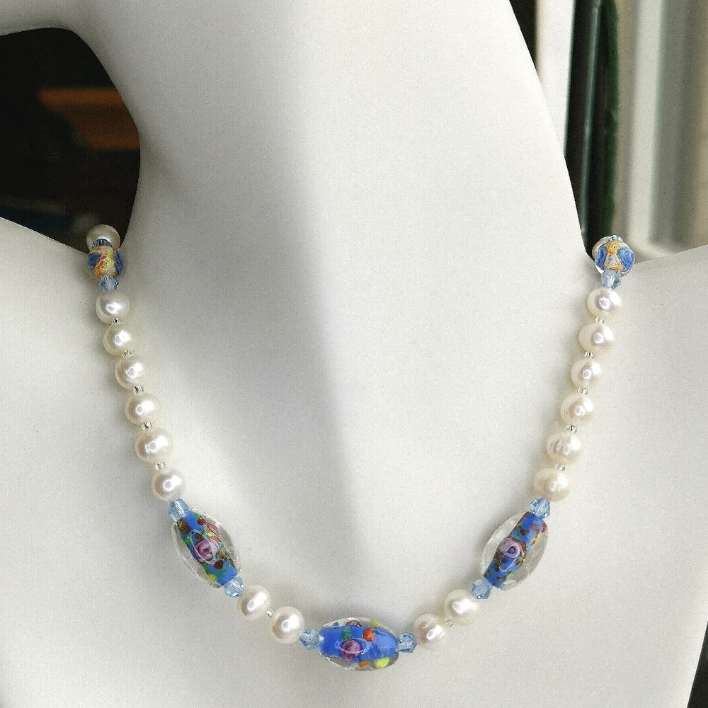 White Freshwater Pearl Necklace Blue Murano Beads